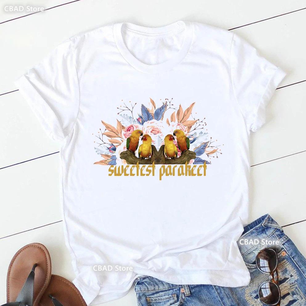 Cute Cockatielsparrot Bird Lovers Print T Shirt Girls Sunflower Flowers Tshirt Unisex Harajuku Kawaii Clothes Summer Tops Tee