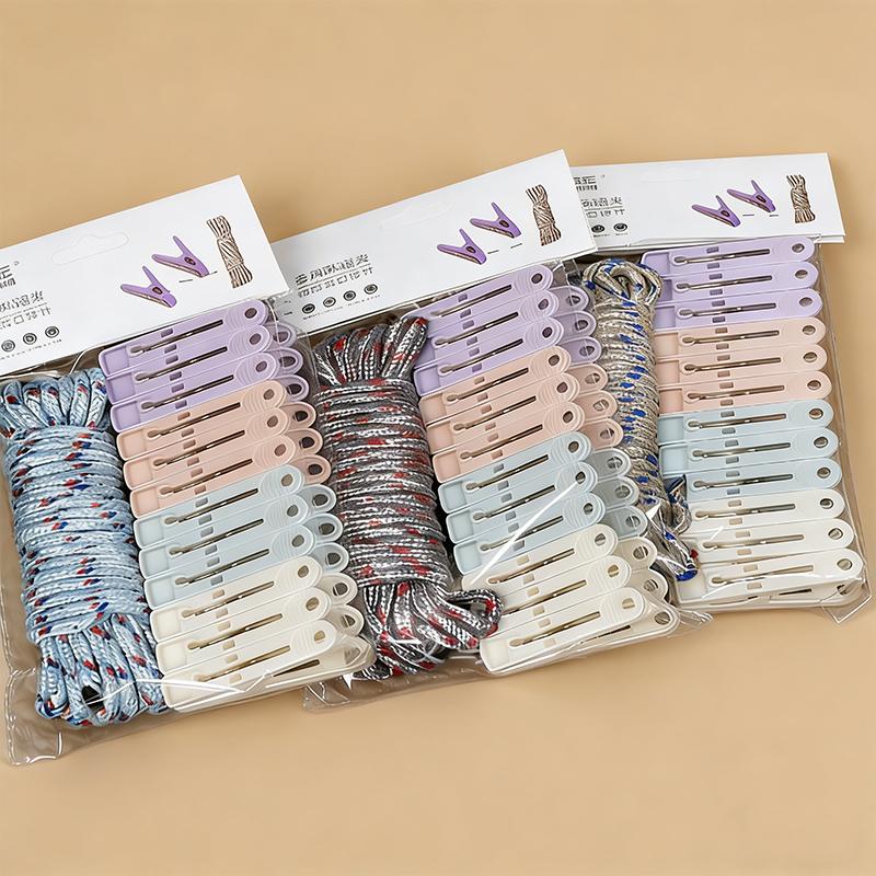 12-Clip + Clothesline Set Colorful Drying Clips Multifunctional Windproof Clothesline