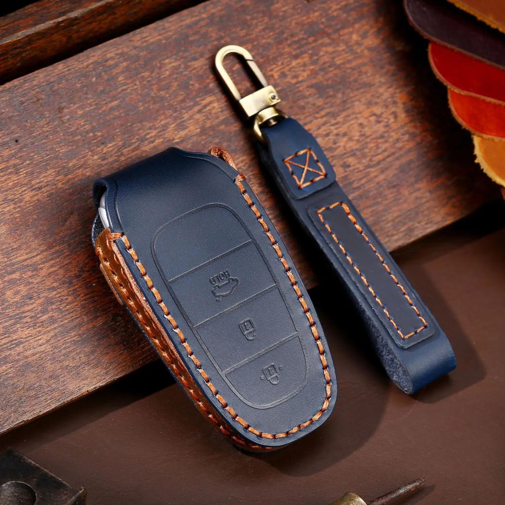 Leather Car Key Case Cover Fob Accessories for Hyundai Tucson Solaris Sonata Hybrid Nexo Nx4 Grand Santa Fe Keychain Holder Bag
