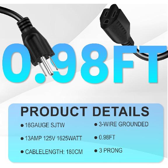 Short Power Extension Cord,16AWG/13A,Outlet Saver, 3 Prong Male Plug to Female Socket Heavy Duty Power Extension Cable(1FT/0.3M)