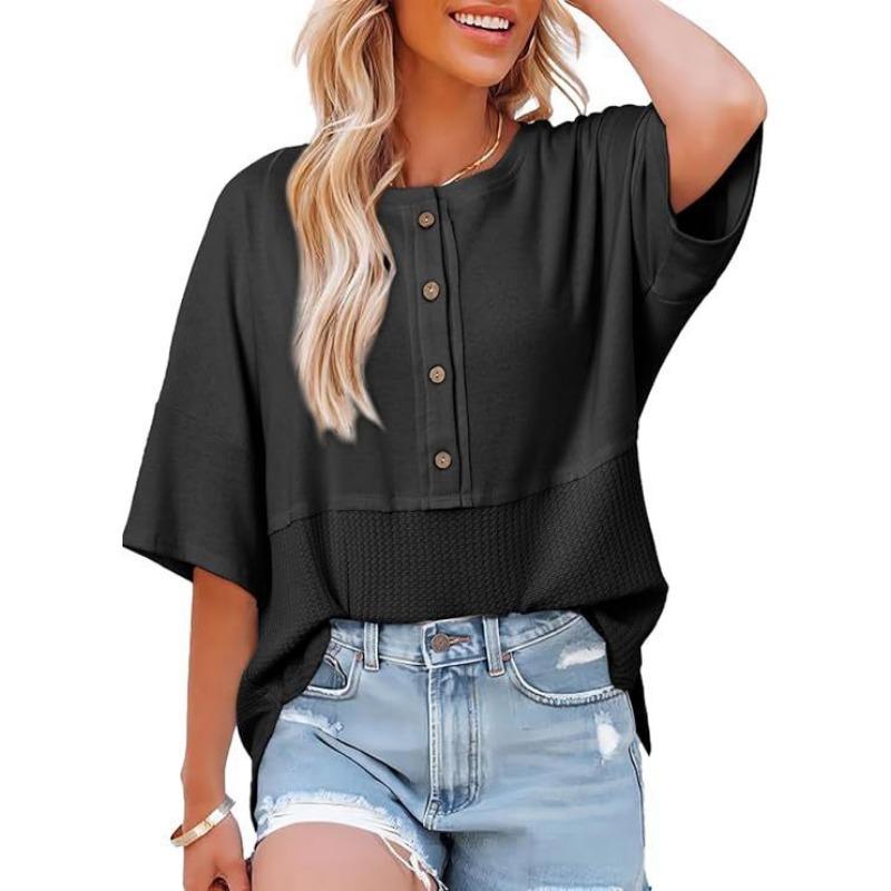 Summer New Women's Fashion Three-quarter Sleeve Casual Round Neck Buttoned Splicing Loose T-shirt