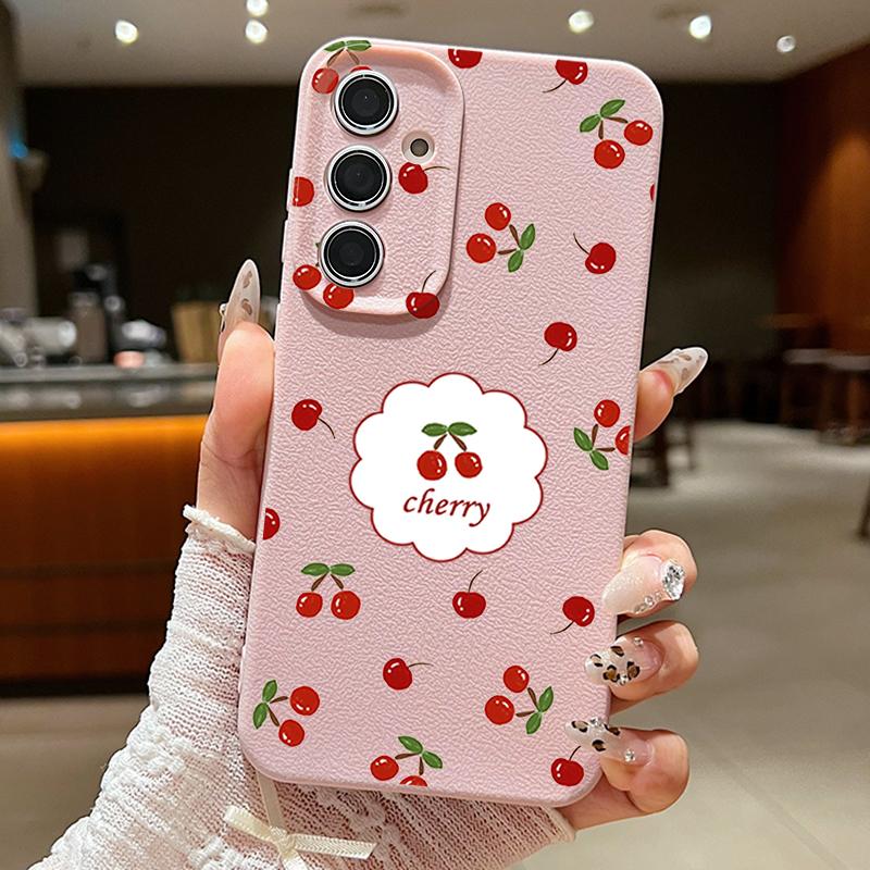 Cute Cherry Print Matte TPU Leather Texture Phone Case For Samsung S25 Ultra S24 FE S23 S22 S21 A56 A36 A16 A55 A35 A26 A15 Shockproof Soft Slim Cover