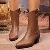 Black Thick Heel Western Boots Women Plus Size 36-43 Pointed Toe Ankle Boots Woman Autumn Winter Slip On Cowboy Botas Mujer