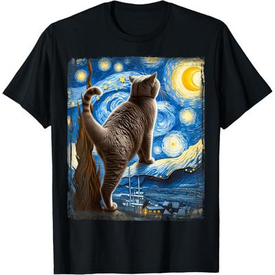 Van Gogh Starry Night Style Artistic British Shorthair Cat T-Shirt for Men Women Kids