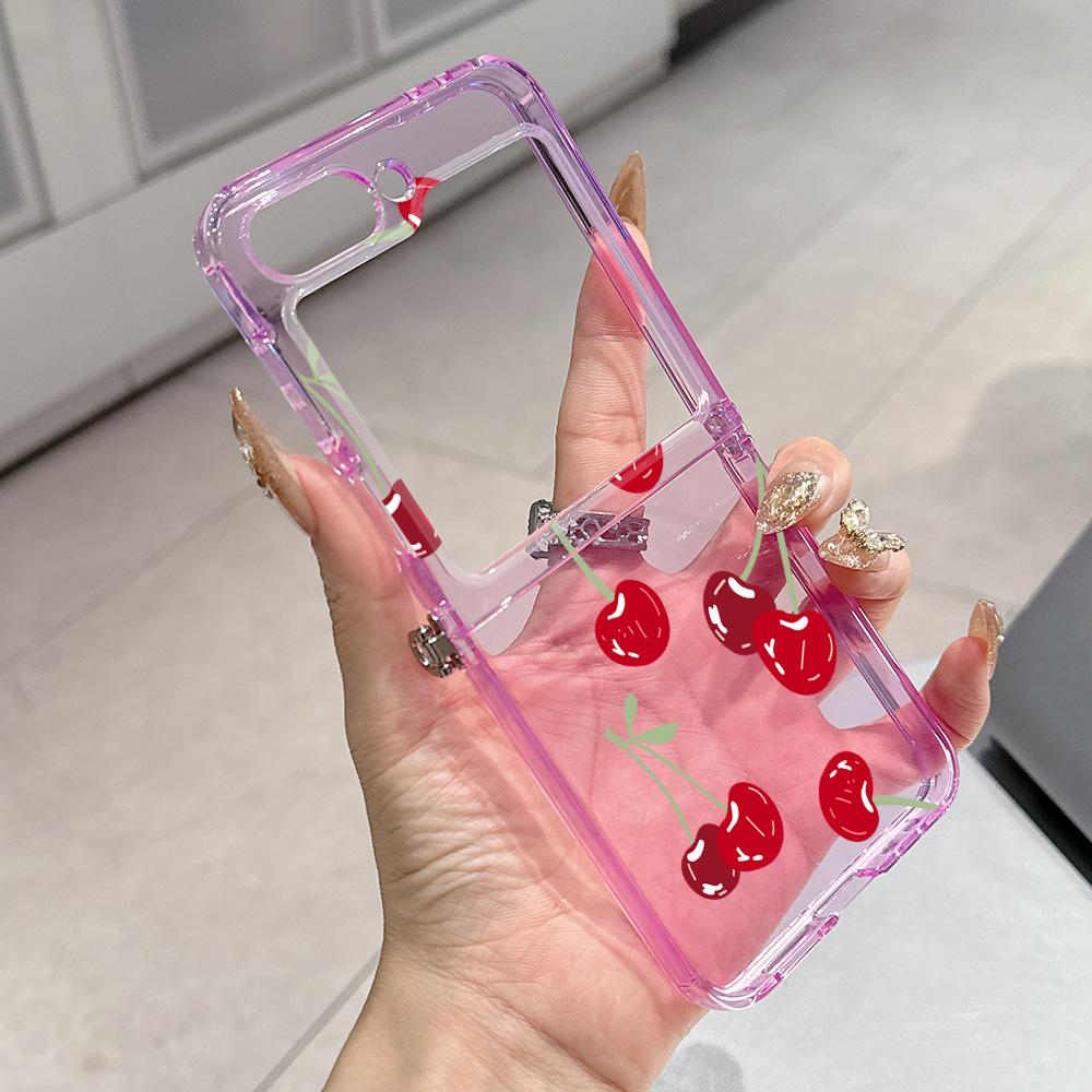 Summer Fruit Cherry Pattern Metal Connector Phone Case for Samsung Galaxy Z Flip3 Flip4 Flip5 Flip6 Flip7 Candy Color Soft TPU