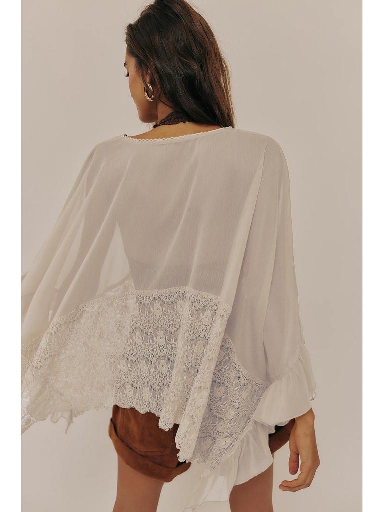 Women's Batwing Sleeve Mesh Cover-up: Spring/Summer Loose Beach Top with Lace Patchwork and Sun Protection.