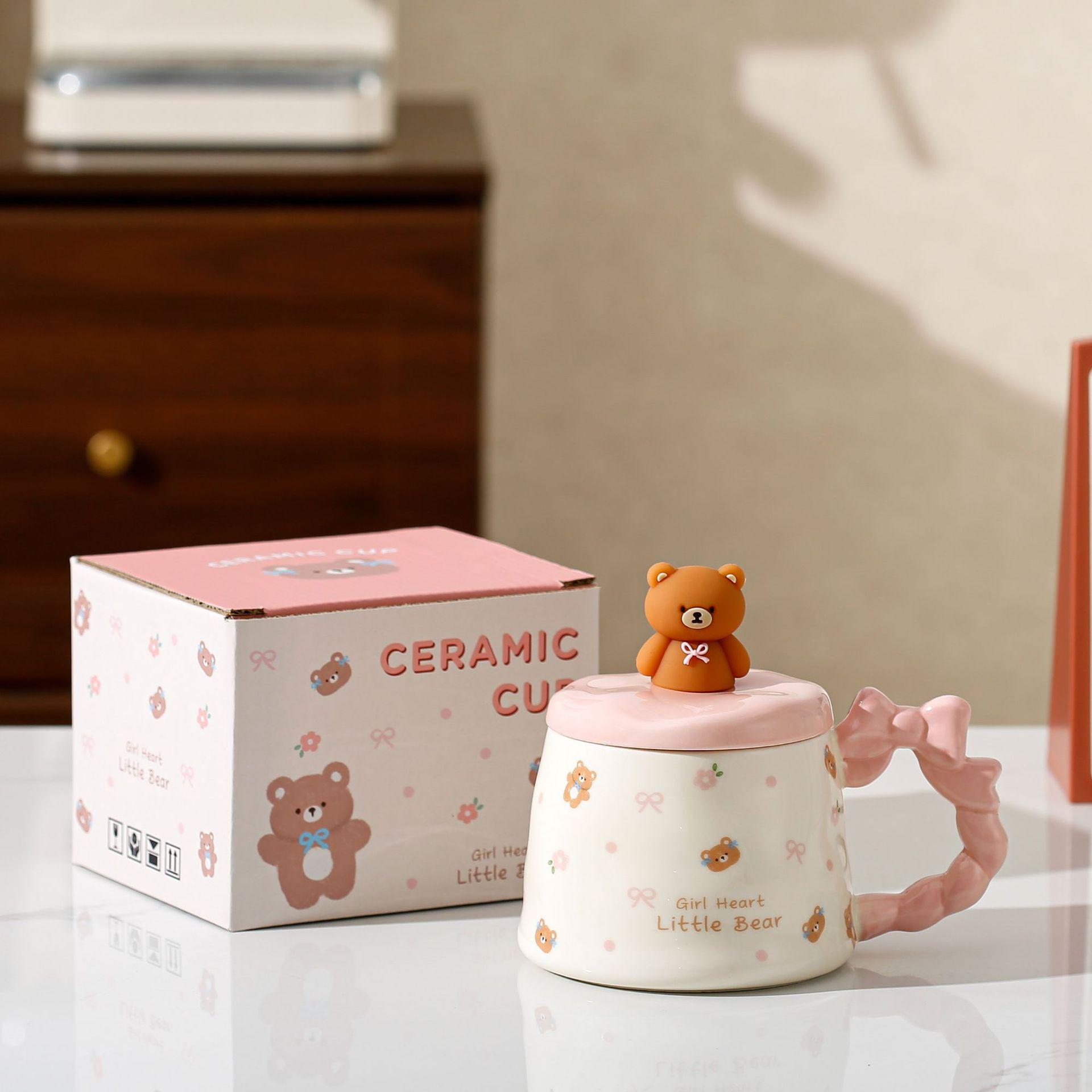 Cute bear ceramic cup, creative butterfly saucer knot mug, cute practical gift for girls, coffee water cup 400ML