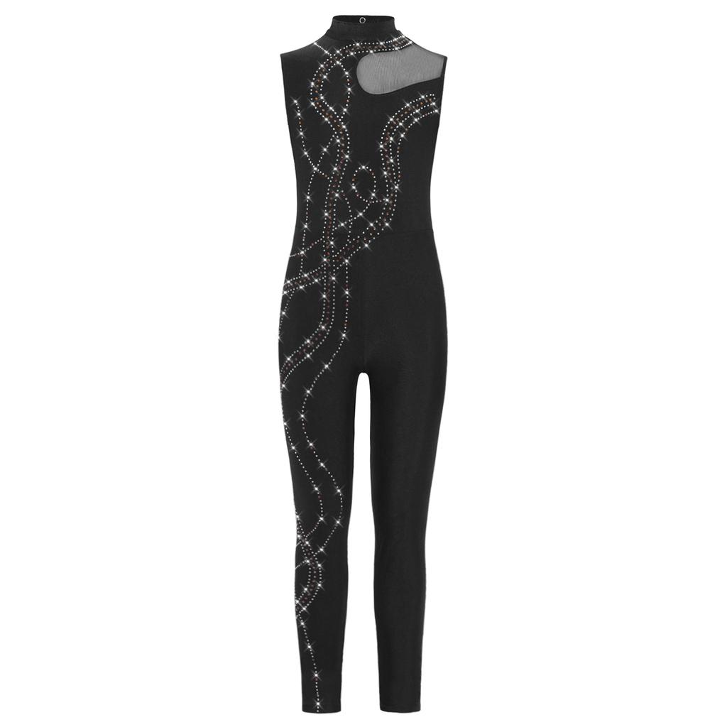 Girls Dance Bodysuit Sparkly Rhinestones Sheer Mesh Patchwork Full Body Performance Wear