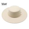 Retro Flat Top Hat Hat, Wool Felt Pork Pie Bowler with Elegant Metal Ring, Wide Brim Trilby for Women Men Autumn Winter Warm Fedora