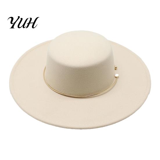 Retro Flat Top Hat Hat, Wool Felt Pork Pie Bowler with Elegant Metal Ring, Wide Brim Trilby for Women Men Autumn Winter Warm Fedora