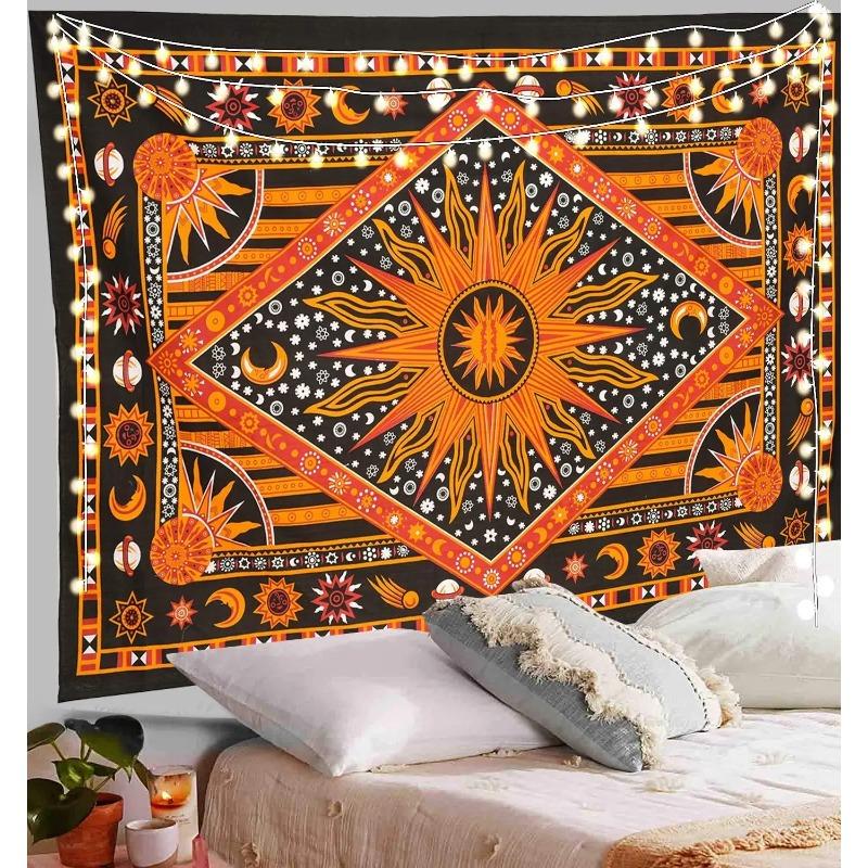 Burning Sun Tie Dye Wall Hanging, Celestial Sun Moon Star Planet Bohemian Queen Tarot Card Boho Hippie Tapestry Beach Coverlet