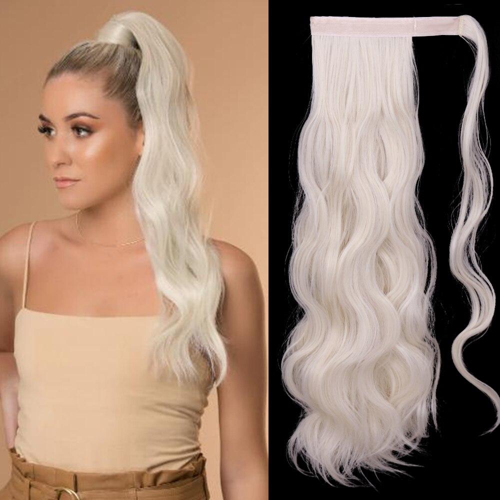 XINRAN Langer, gewellter Pferdeschwanz zum Umwickeln, synthetischer Pferdeschwanz, Clip-in-Haarteil, schwarz-blond, burgunderfarbener Wellen-Pferdeschwanz für Frauen