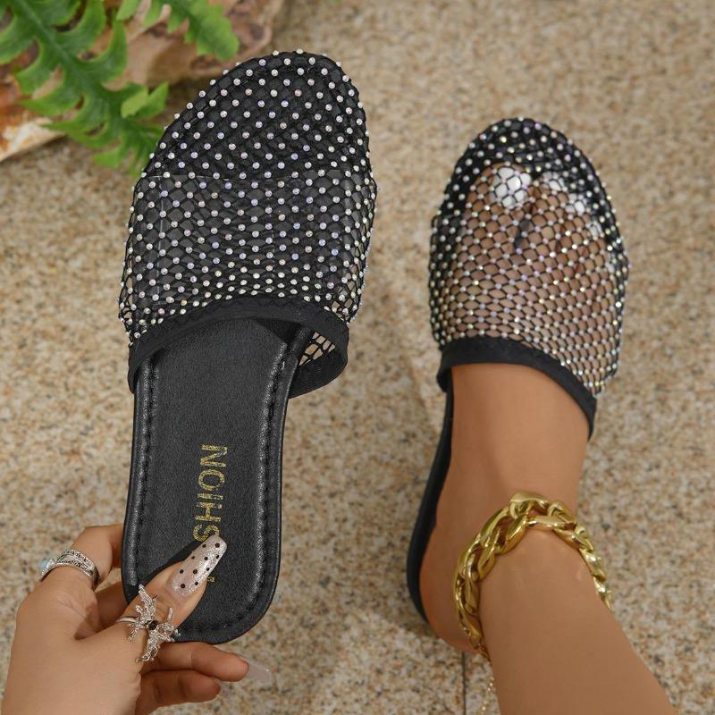 Summer New Round Head Half Slipper Hollow Set with Diamonds Summer Sexy Large Flat Bottom Fashion Slippers