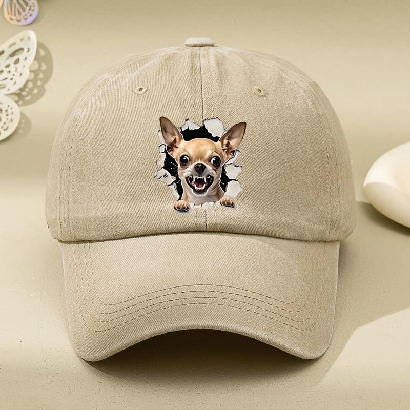 Czapka z daszkiem w nadrukiem psa Chihuahua, postarzana, vintage, prana, czapka typu "Dad Hat", casualowa, regulowana, przeciwsłoneczna