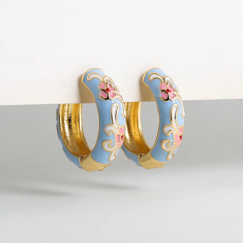 Vintage Multicolor Enamel Flower Round Hoop Earrings Boho Gold Color Circle Round Earrings Statement Jewelry Gifts for Women