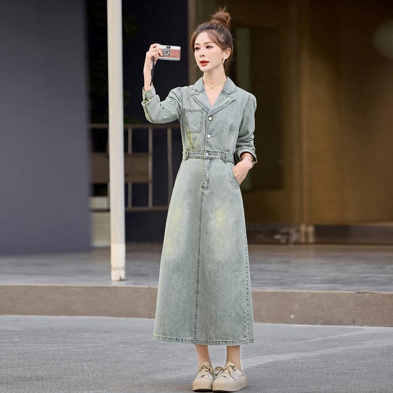 

2025 Spring Retro Long Sleeve Denim Dress with Semi-Elastic Waist S 85-95 lbs