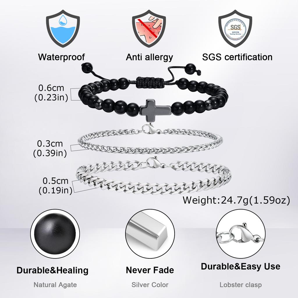 Vnox Men's Bracelet Set, Black Agate Stainless Steel Cuban Chain Wristbands, 3pcs/set Bracelets Jewelry Gifts for Men Father Son