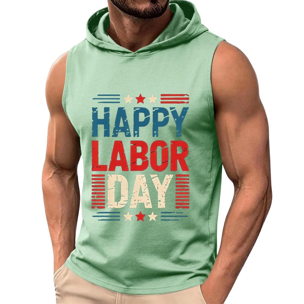 Men Sleeveless Hoodie Tank Top Casual Muscle Fit Athletic Shirt Summer Workout Gym Apparel with Labor Day Print