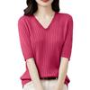 Women's Fashion Loose Knit Sweater Bottom Shirt V-Neck Pullover Half Sleeve Solid Color Top