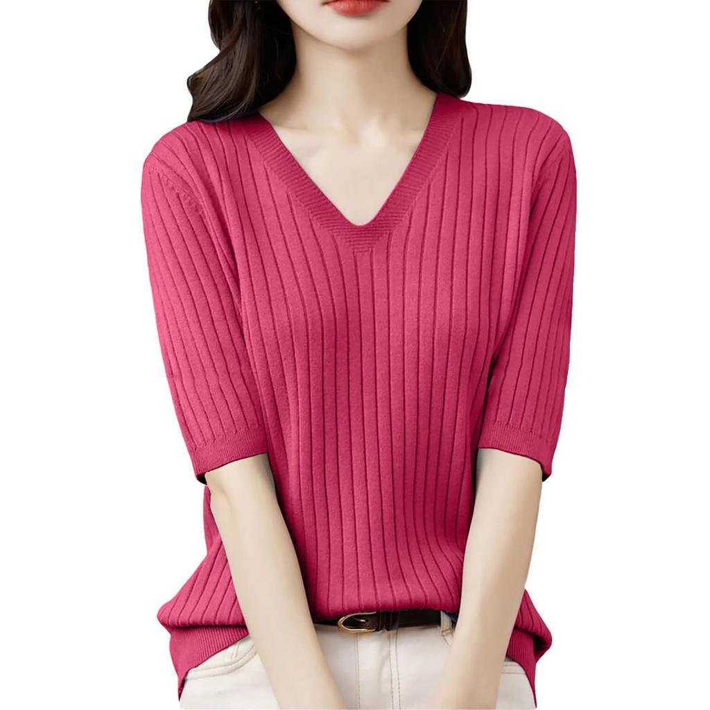 Women's Fashion Loose Knit Sweater Bottom Shirt V-Neck Pullover Half Sleeve Solid Color Top