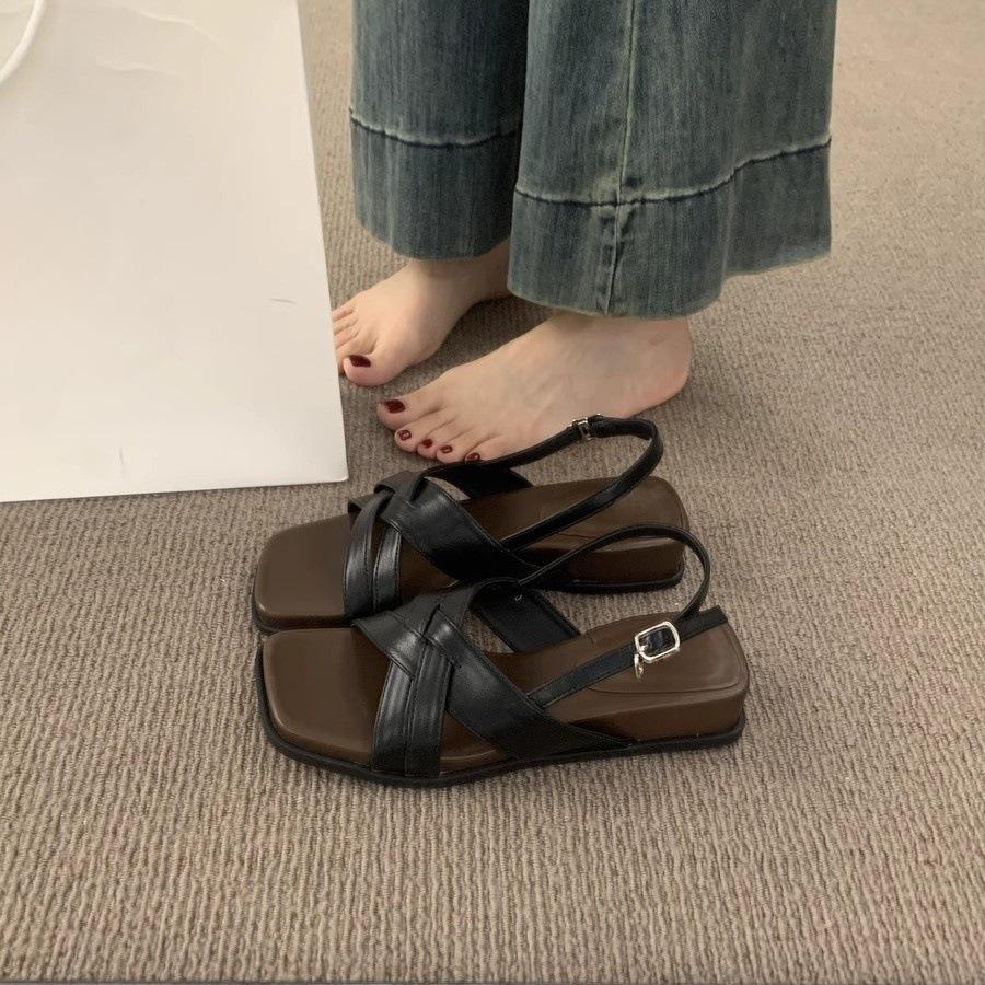 With skirt fairy wind cross with open-toed fashion sandals female summer versatile not tired feet 3cm thick-soled Roman shoes