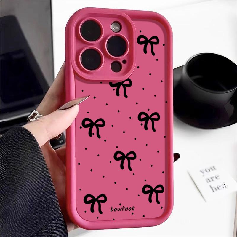 Black Bowknot Print TPU Soft Case For iPhone 16 Pro Max 15 Pro 14 13 12 11 XR XS 8 7 Lens Protection Shockproof Matte Phone Cover