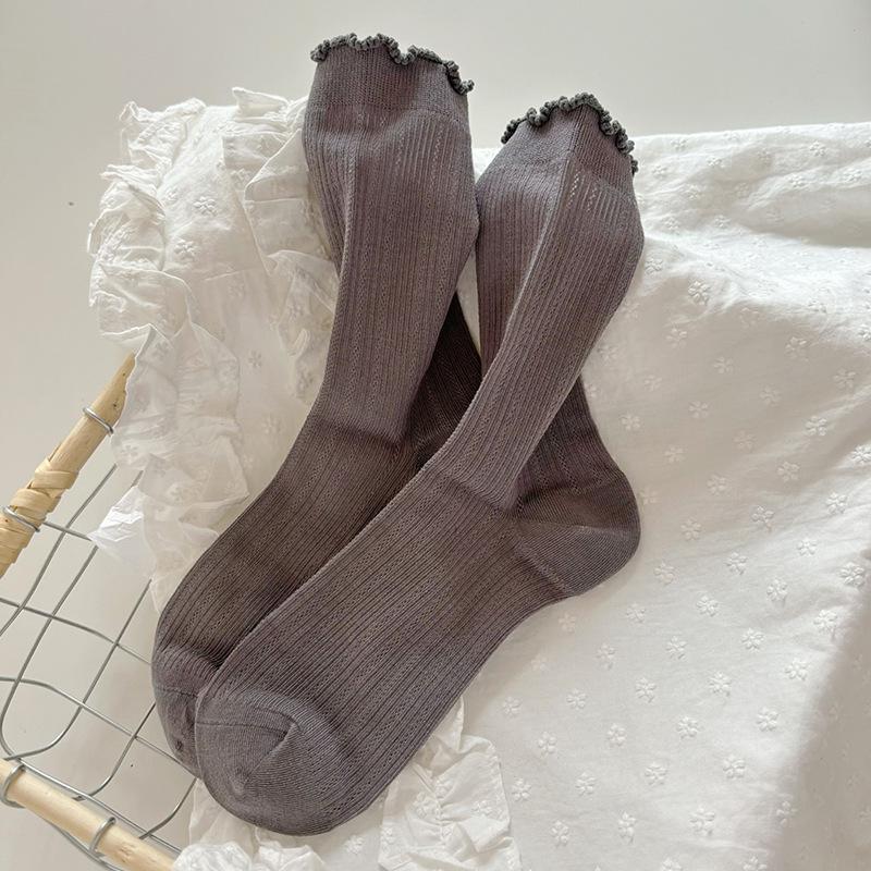 

Women s White Ruffled Mesh Crew Socks - Breathable, Sweat-Absorbent, Solid Color, Trendy Summer Style One Size