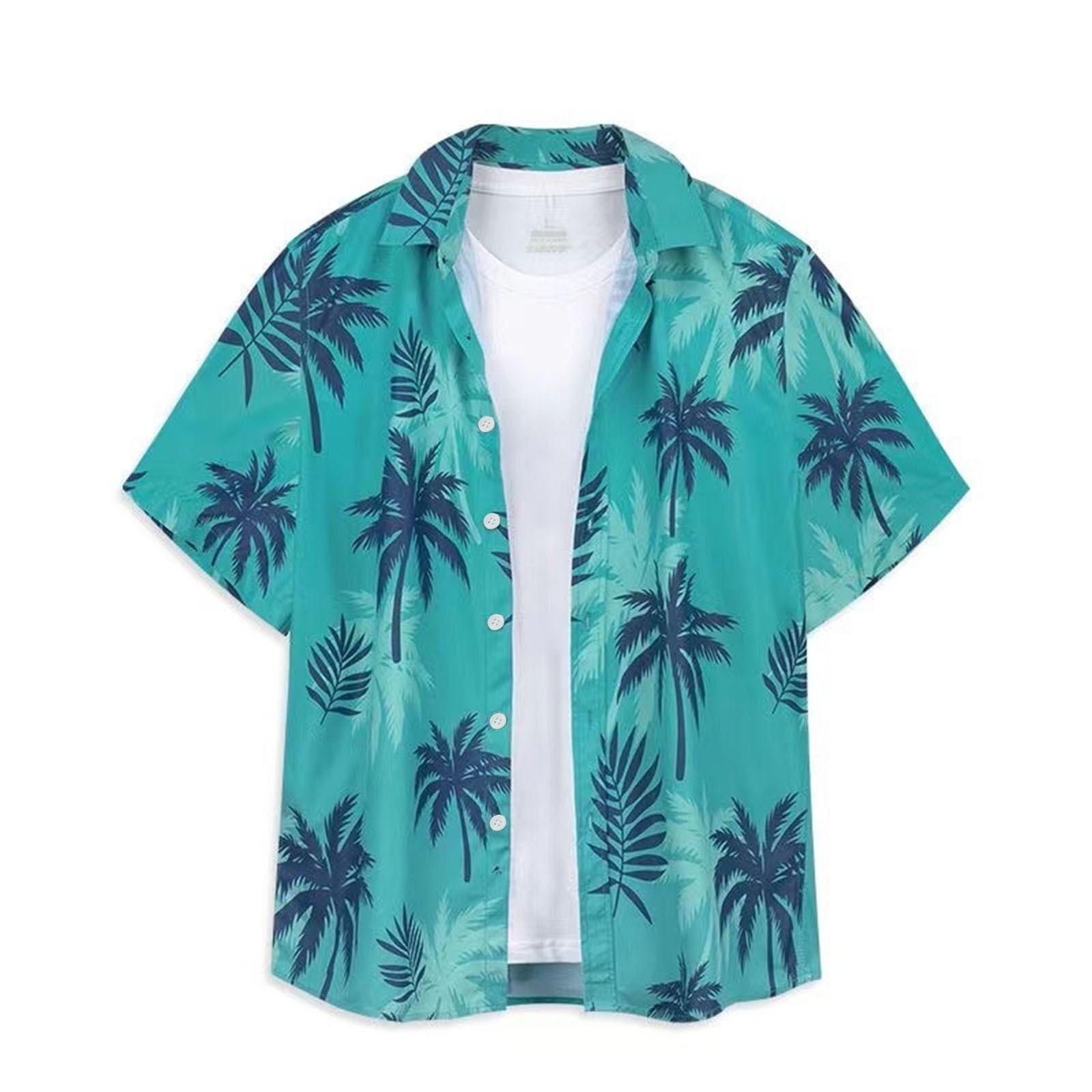 

Men s Summer Casual Loose Resort Geometric Print Short Sleeve Top Beach Lapel Shirt L зелёный