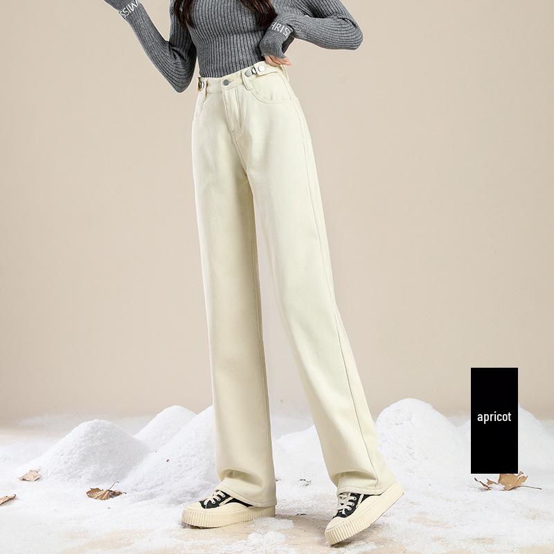 Women's High-Waisted Fleece-Lined Jeans: Thick, Light-Colored, Straight-Leg, Slimming Wide-Leg, Dark Blue for Autumn/Winter 2025.