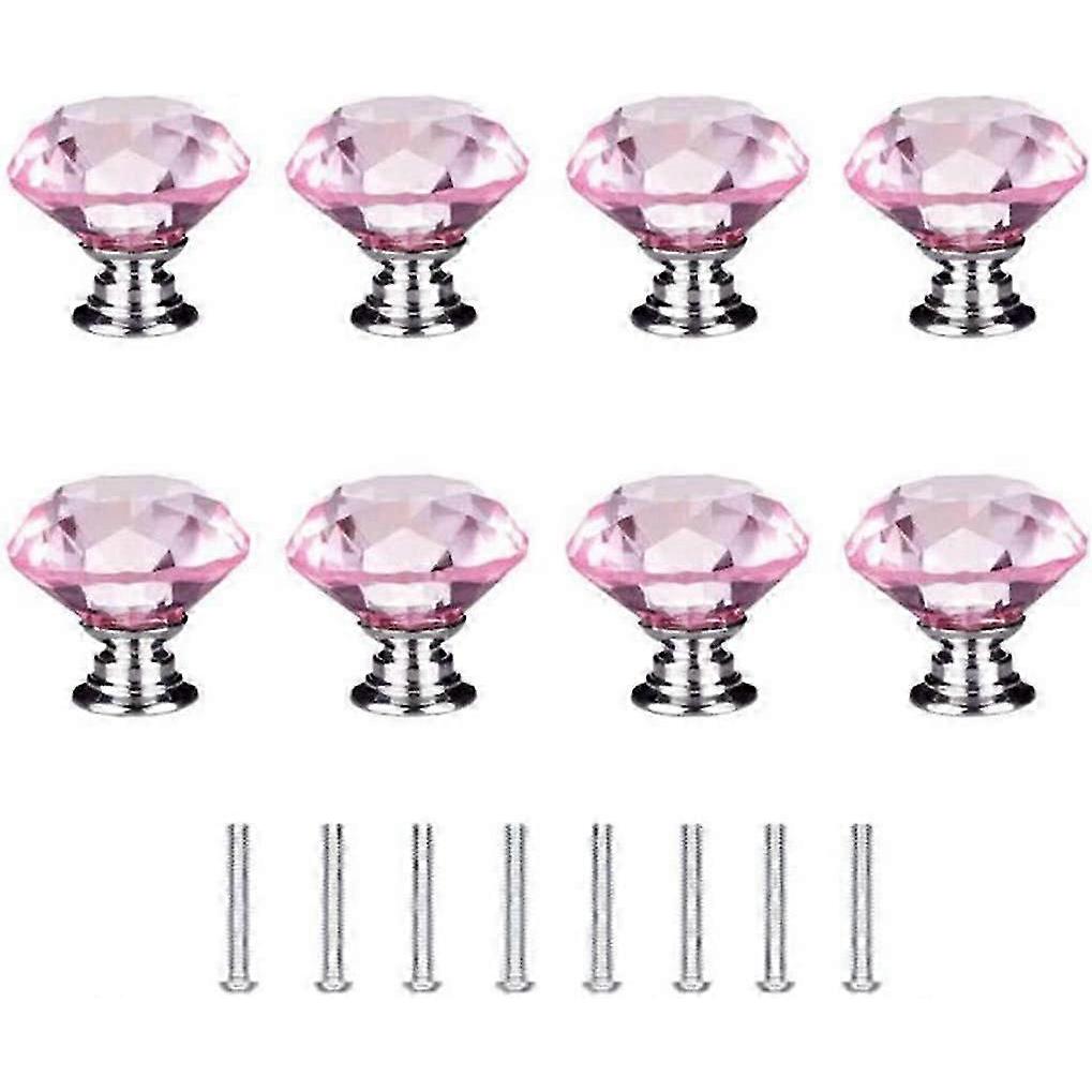 8pcs 30mm Diamond Door Knobs,Crystal Glass Diamond Door Knobs with Screws for Cabinet Drawer Furniture Kitchen Decor (Pink)