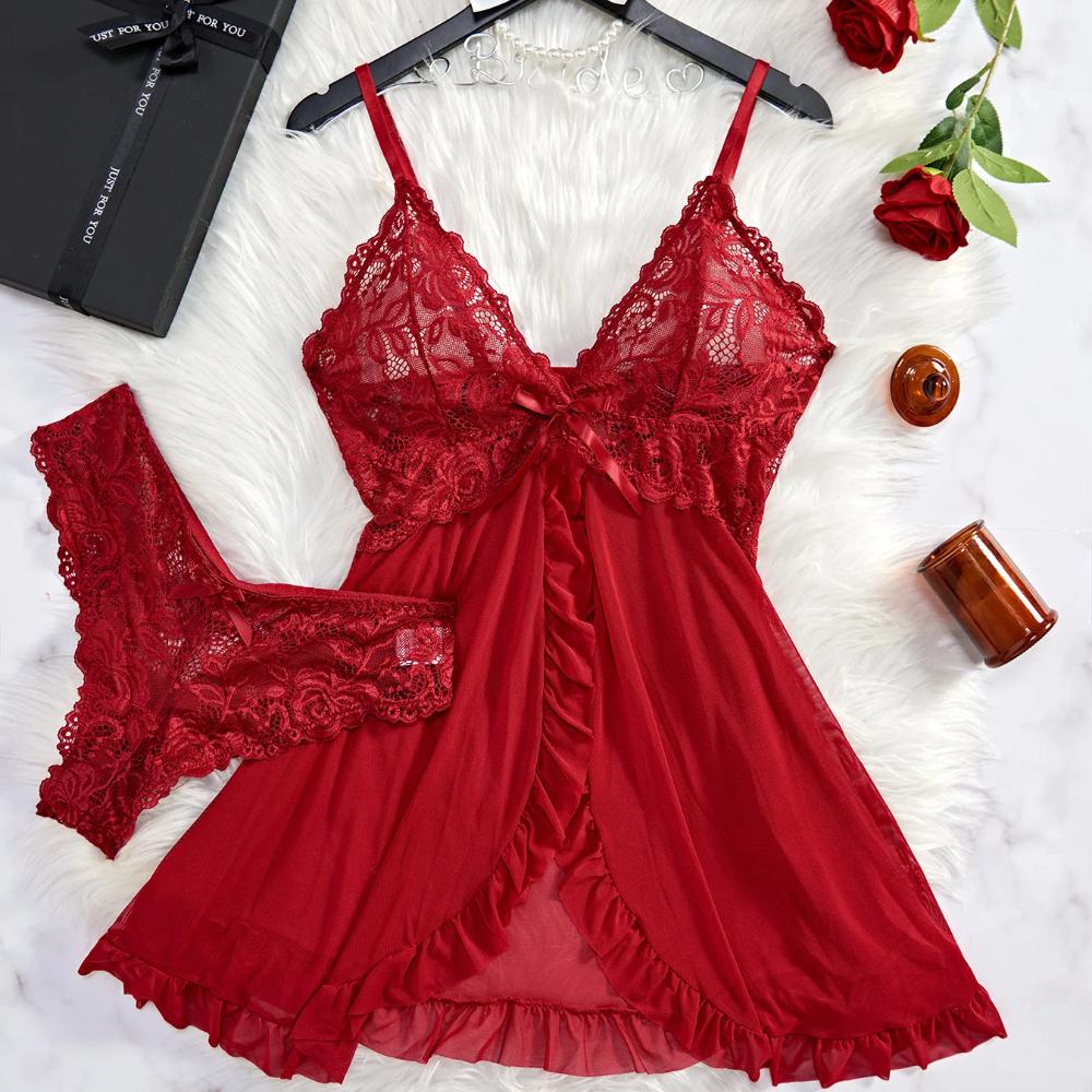 Sexy Lingerie Set Women Erotic Bra Nightdress Sexy Lace Sleepwear Solid Slim Soft Dresses V Neck Full Slip Sleepwear & Dresses