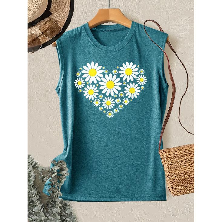 Elegant Vest for Women Daisy Heart Print Casual Loose Summer Vest Fashionable and Elegant Tops for Commuting, Vacation, and Everyday Wear, Available