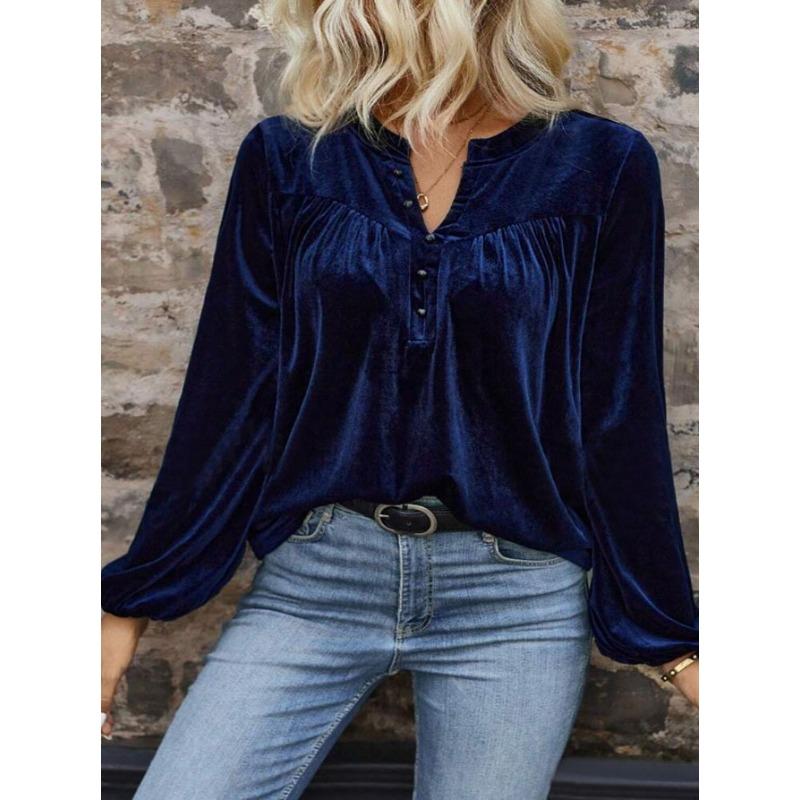 Spring Autumn V-neck Vintage Loose Casual Blouse Women Solid Color Lantern Long Sleeve Pullover Shirt Top