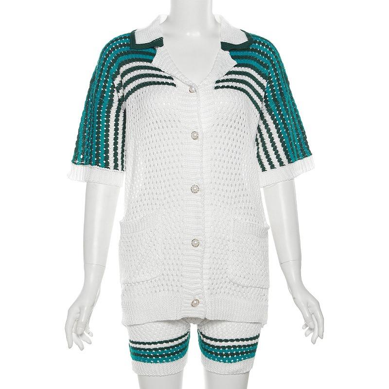 Sommer Damenmode Hohl Revers Top Hohe Taille Shorts Strick Casual Anzug