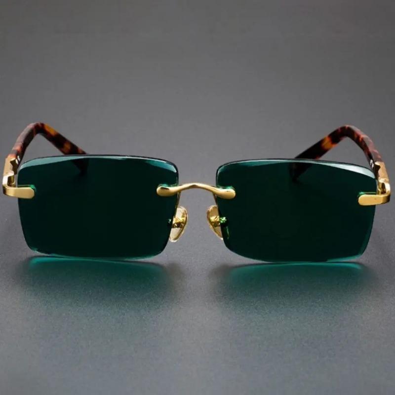 Retro Frameless Men'S Driving Sunglasses Green Crystal Stone Cycling Goggles Leopard Print Outdoor Sun Glasses Uv400 Eyewear