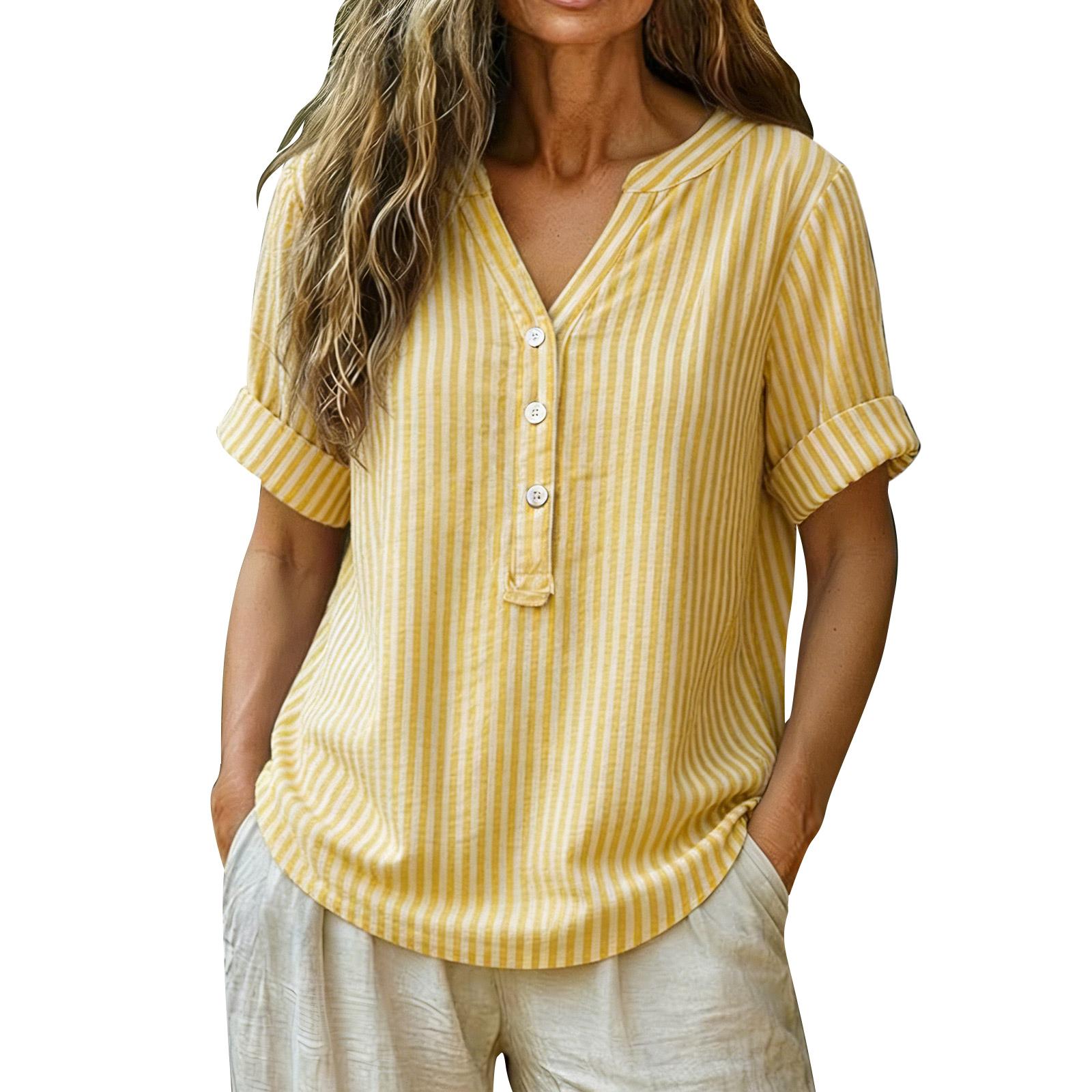 

Women s Summer Top Stylish Button-Down Cotton-Linen Striped Shirt S жовтий