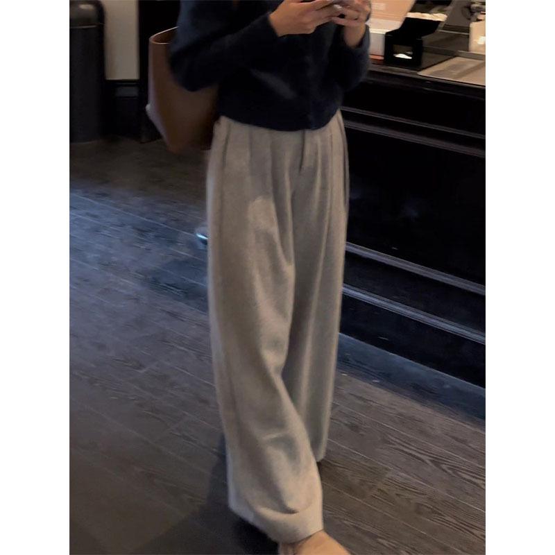 Korean Style Wide-Leg Pleated Wool Pants, Winter 2025 Versatile Women's Plus Velvet Straight Casual Trousers