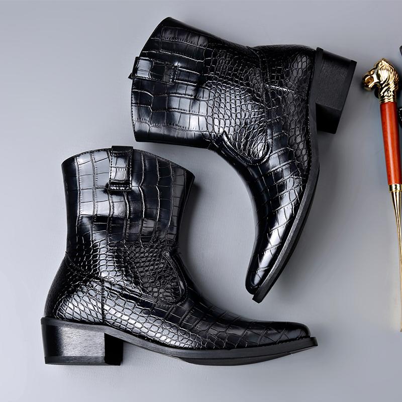 2026 Men's Crocodile Genuine Leather Chelsea Boots Black Pointed Toe Warm Lined Zip-Up Ankle Boots for Business Casual & Winter