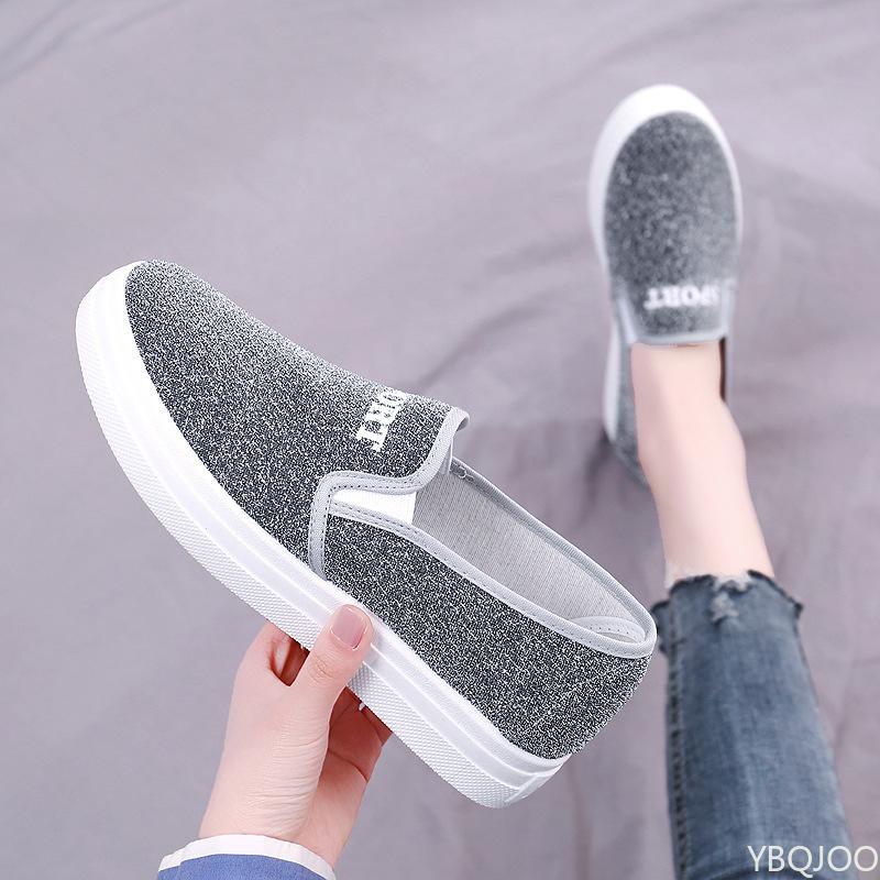 Fashion Women's Sports Canvas Shoes New Casual Flat Bottomed Shallow Mouth Sequin Platform Sports One Foot Kick Zapatos Mujer Sneakers