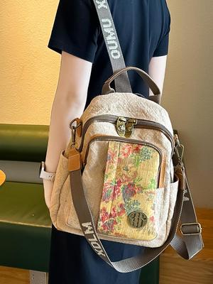 Vintage-Style Cotton Linen & Cowhide Three-Way Crossbody Bag In Oatmeal Yellow with Color Block Design for Women