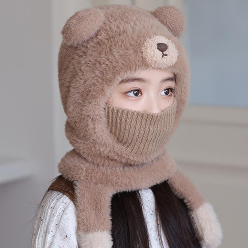 Children Face Cover Brimless Hat Neck Warmer With Cartoon Bear Design Pullover Earflap Hat For Toddler Skiing Hiking