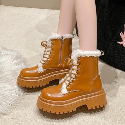 Bottines de Neige à Plateforme Cheville pour Femmes Talons Hauts Fourrure Chaussures Chaudes Femme Hiver 2025 Tendance Chaussures Chelsea en Cuir Fad Lacets Botas Mujer