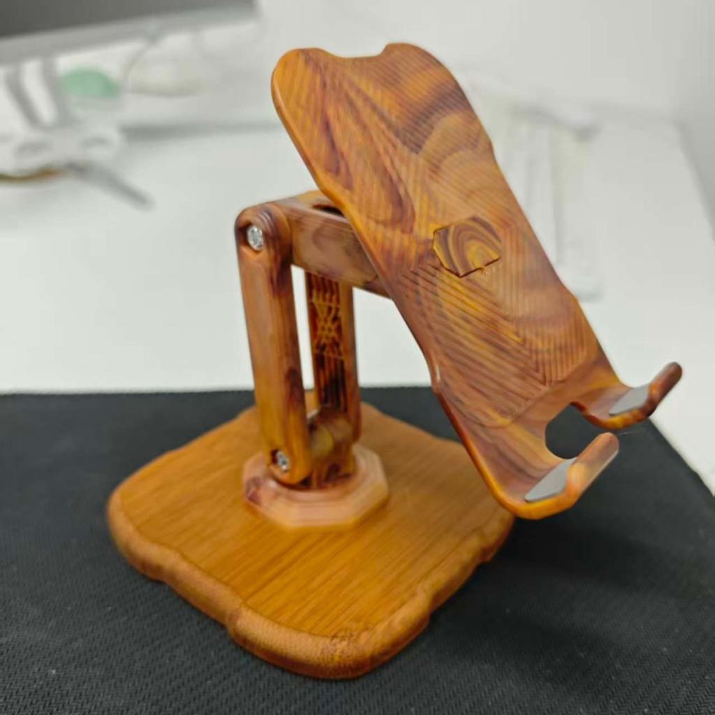 Multifunctional 360° Rotating Phone Mount with Adjustable Height – Heavy-Duty Carbon Steel and Wooden Desktop Stand