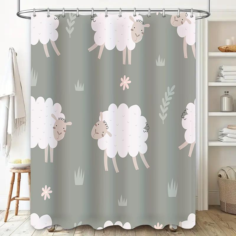 Whimsical Sheep Print Shower Curtain Set for Bathroom Decor Pink White Floral Design Fabric Bath Rug with Rings TaurusDuan