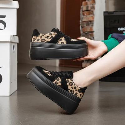 Fashion 8CM Genuine Leather Women Streth Fabric Autumn Chunky Sneaker Vulcanize Leopard Loafer Flats Spring Platform Wedge Fashion Shoes