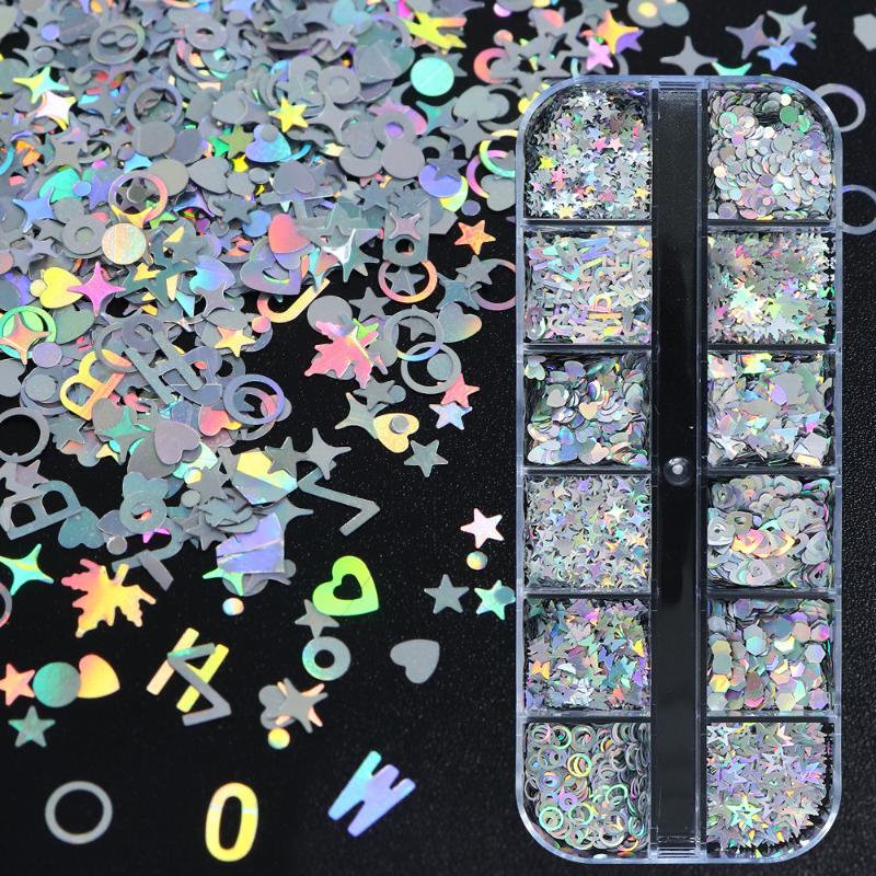 12 Grids Nail Enhancement Silver Star Love Patterns Laser Nail Glitter Flash Nail Decoration Nail Charm Diy Manicure Tools