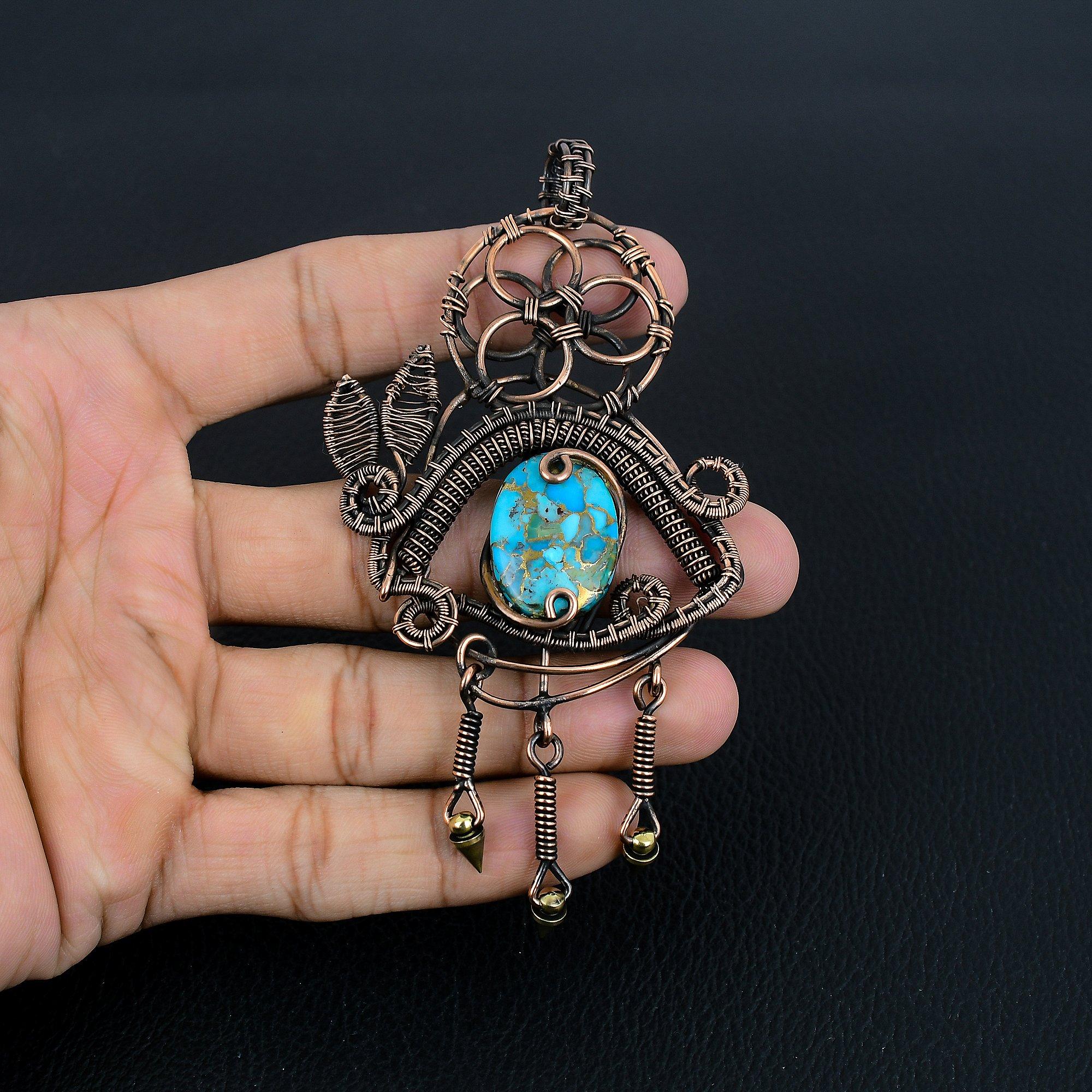 

Подвеска из голубой медной бирюзы ручной работы, обмотанная медной проволокой 999 пробы, антикварное украшение, для подарка на помолвку