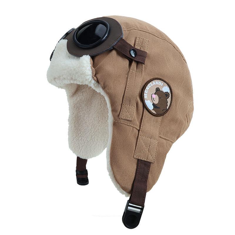 Adult children cute bear pilot glasses Lei Feng hat children autumn and winter parent-child boys fleece thermal ear protector