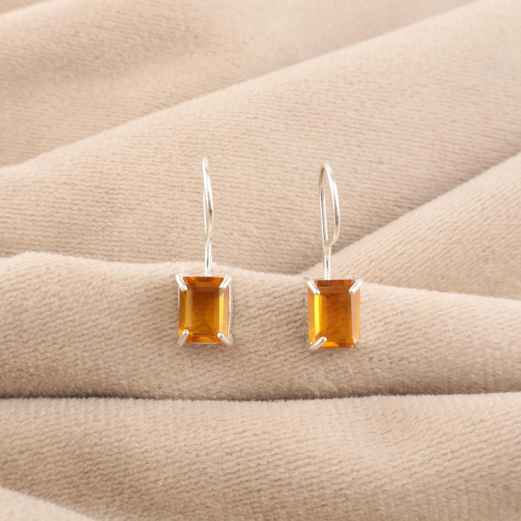 Natural Citrine Gemstone Silver Hook Earring 1" 925 Sterling Silver Handmade Jewelry For Women EE-180-1