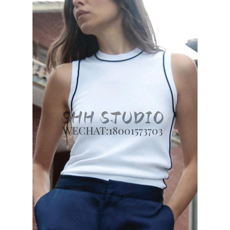 Spring New Arrival Fashion Casual Vest round Neck Straight-leg Slim-Fit Contrast Colors Trim Plain Stitch Tops 8851008
